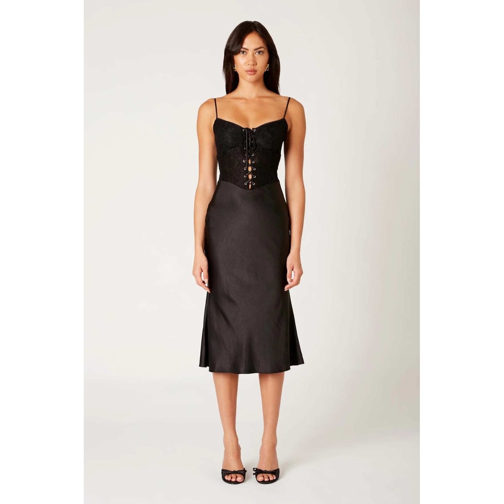 NIA Black Lace Corset Satin Midi Slip Dress Lace Up Front Small